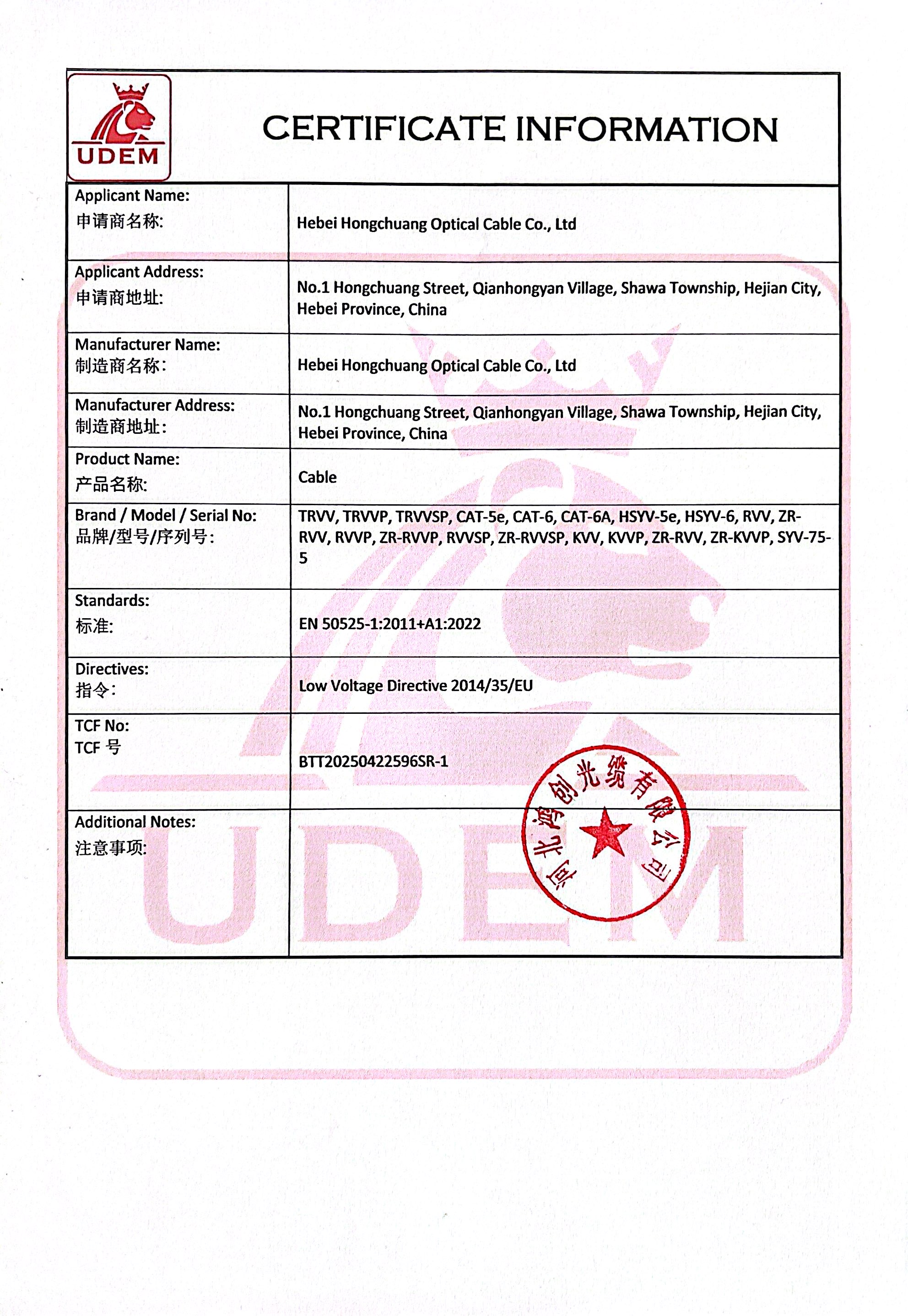 UDEM certificate information: Cable, EN 50525-1:2011+A1:2022, Low Voltage Directive 2014/35/EU